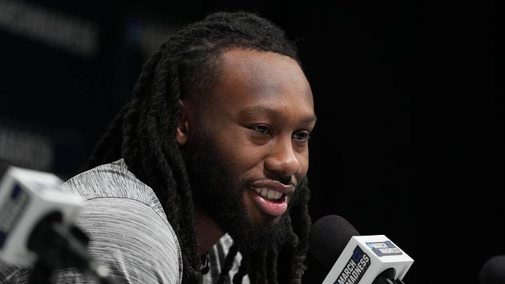 Mar 18, 2026; Greenville, SC, USA; Ohio State Buckeyes guard Bruce Thornton (2) during a press conference ahead of the first round of the men's 2026 NCAA Tournament at Bon Secours Wellness Arena. Mandatory Credit: Bob Donnan-Imagn Images