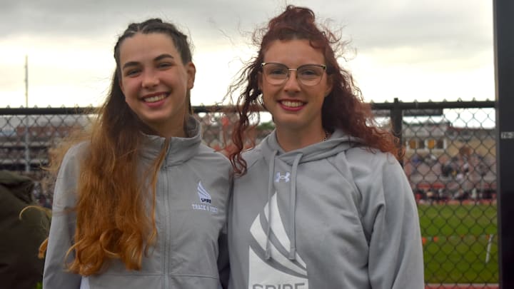 SPIRE Academy horizontal jumper Giulia Sironi poses with her coach Olivia Jones at the Eastern Relays in Louisville, Kentucky. Sironi placed first in the triple and long jumps.