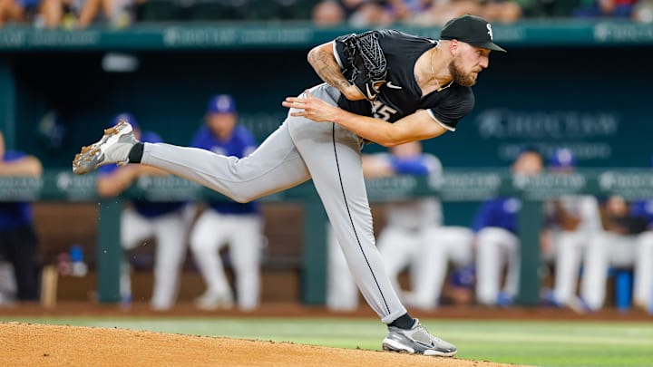 Jul 23, 2024; Arlington, Texas, USA; Chicago White Sox pitcher Garrett Crochet (45) throws during the second inning against the Texas Rangers at Globe Life Field. Jul 23, 2024; Arlington, Texas, USA; Chicago White Sox pitcher Garrett Crochet (45) throws during the second inning against the Texas Rangers at Globe Life Field.