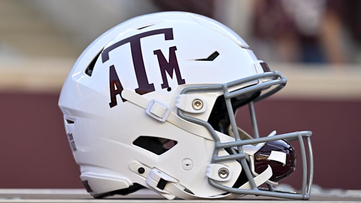 A detailed view of a Texas A&M Aggies helmet on the sideline before the game against the Florida Gators at Kyle Field.