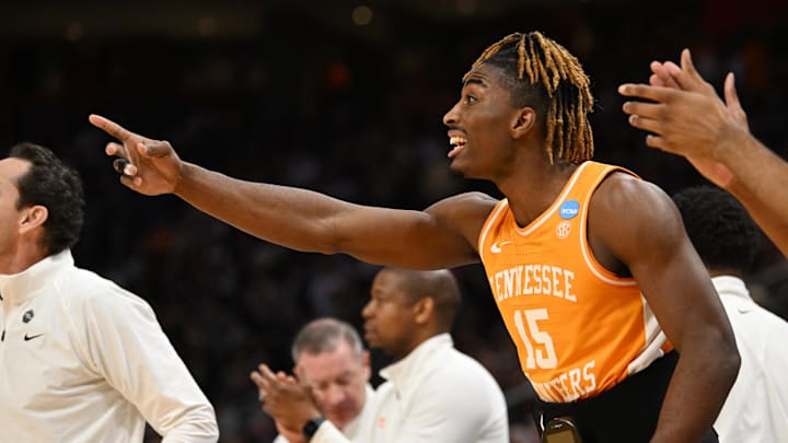 Mar 31, 2024; Detroit, MI, USA; Tennessee Volunteers guard Jahmai Mashack (15) reacts in the first