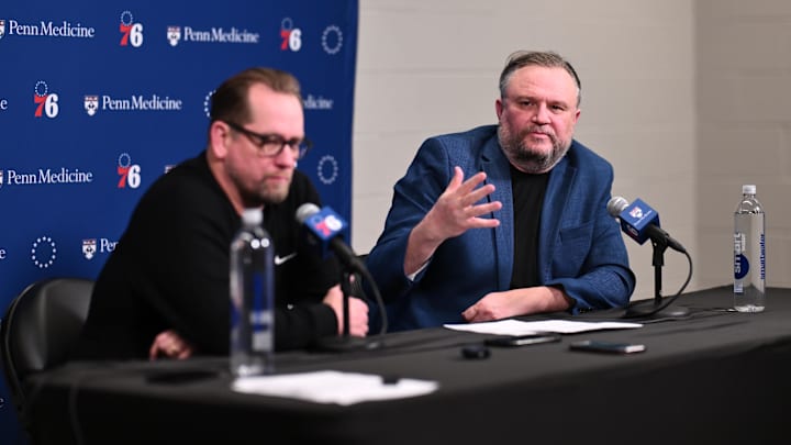 Apr 13, 2025; Philadelphia, Pennsylvania, USA; Philadelphia 76ers president of basketball operations Daryl Morey addresses the media with head coach Nick Nurse after the game against the Chicago Bulls at Wells Fargo Center. Mandatory Credit: Kyle Ross-Imagn Images