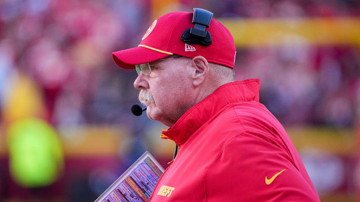 Nov 10, 2024; Kansas City, Missouri, USA; Kansas City Chiefs head coach Andy Reid watches play against the Denver Broncos during the second half at GEHA Field at Arrowhead Stadium. Mandatory Credit: Denny Medley-Imagn Images