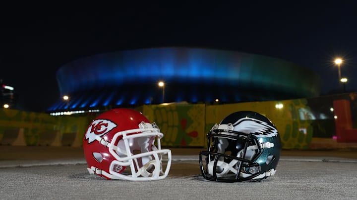 Feb 5, 2025; New Orleans, LA, USA; Kansas City Chiefs and Philadelphia Eagles helmets at the Caesars Superdome prior to Super Bowl LIX. Mandatory Credit: Kirby Lee-Imagn Images