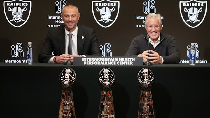 Jan 27, 2025; Las Vegas, NV, USA; Las Vegas Raiders general manager John Spytek (left) and coach Pete Carroll at press conference at Intermountain Health Performance Center. Mandatory Credit: Kirby Lee-Imagn Images