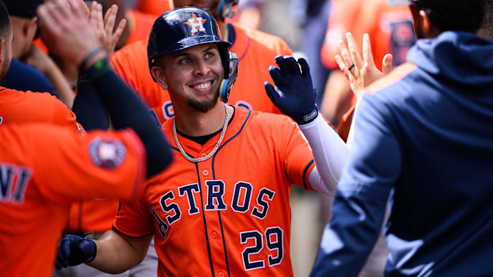 Sep 28, 2025; Anaheim, California, USA; Houston Astros third baseman Ramon Urias (29) is greeted by teammates after hitting a home run during the fifth inning against the Los Angeles Angels at Angel Stadium. Mandatory Credit: William Liang-Imagn Images