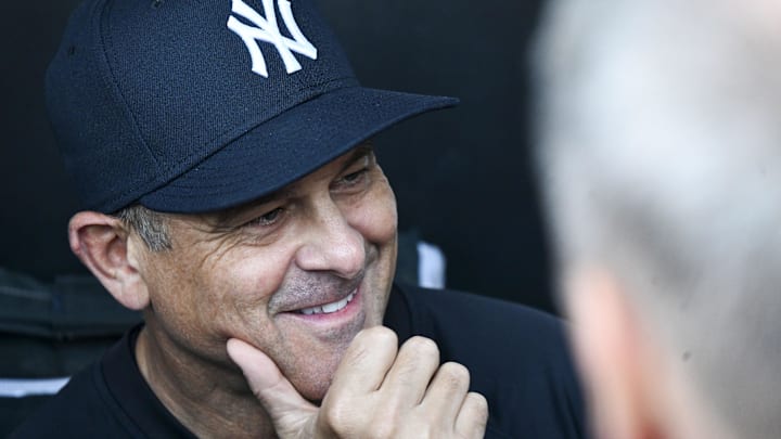 Aug 28, 2025; Chicago, Illinois, USA; New York Yankees manager Aaron Boone speaks tot he media before the team’s game against the Chicago White Sox at Rate Field. Mandatory Credit: Matt Marton-Imagn Images