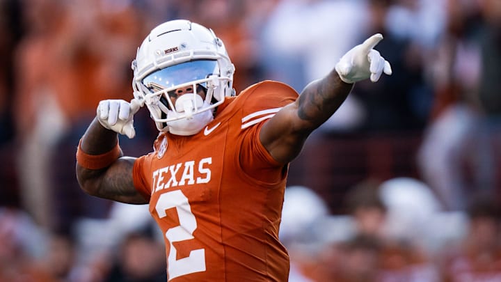 Texas Longhorns wide receiver Matthew Golden (2) celebrates a catch in the second quarter as the Texas Longhorns play the Clemson Tigers in the first round of the College Football Playoffs at Darrell K Royal Texas Memorial Stadium in Austin, Texas, Dec. 21, 2024.