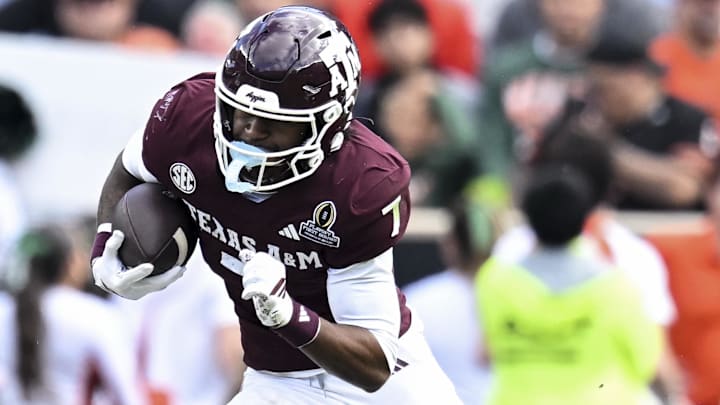 Dec 20, 2025; College Station, TX, USA; Texas A&M Aggies wide receiver KC Concepcion (7) runs the ball against the Miami Hurricanes during the second half at Kyle Field. Mandatory Credit: Maria Lysaker-Imagn Images Dec 20, 2025; College Station, TX, USA; Texas A&M Aggies wide receiver KC Concepcion (7) runs the ball against the Miami Hurricanes during the second half at Kyle Field. Mandatory Credit: Maria Lysaker-Imagn Images
