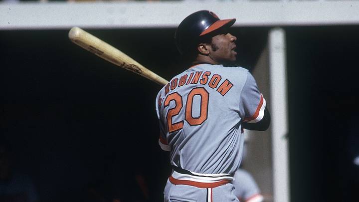 Unknown date and unknown location; USA, FILE PHOTO; Baltimore Orioles right fielder Frank Robinson (20) in action at the plate.Mandatory Credit: Malcolm Emmons-USA TODAY Network.