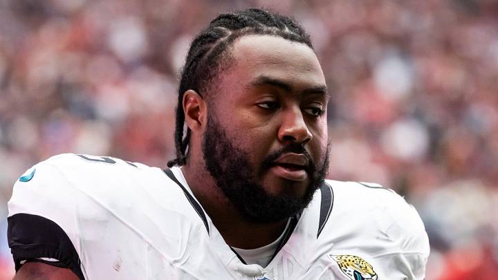 Nov 23, 2025; Glendale, Arizona, USA; Jacksonville Jaguars offensive lineman Chuma Edoga (55) against the Arizona Cardinals at State Farm Stadium. 