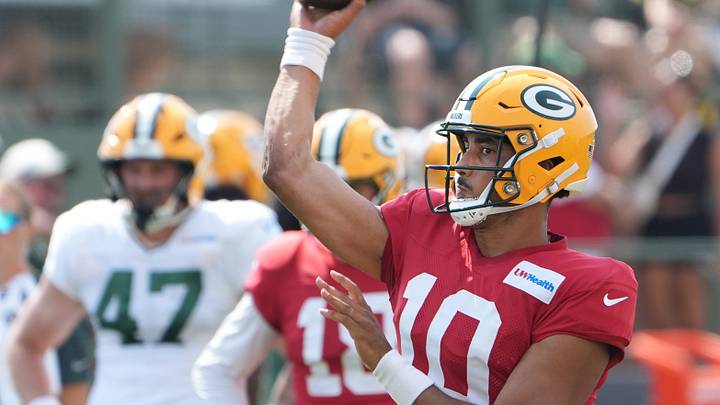 Green Bay Packers quarterback Jordan Love (10) throws a pass during the sixth day of training camp on Aug. 4, 2026, at Ray Nitschke Field in Ashwaubenon, Wis.