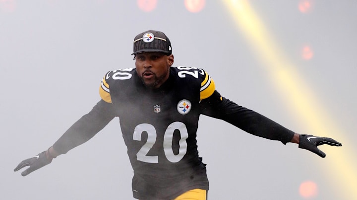 Oct 29, 2023; Pittsburgh, Pennsylvania, USA;  Pittsburgh Steelers cornerback Patrick Peterson (20) reacts during player introductions against the Jacksonville Jaguars at Acrisure Stadium. Jacksonville won 20-10. Mandatory Credit: Charles LeClaire-USA TODAY Sports