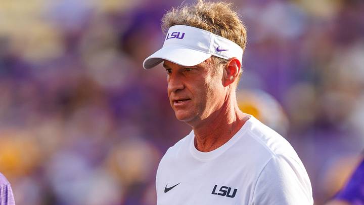 LSU Tigers head coach Lane Kiffin looks on during warmups before the game  against Louisiana Tech Bulldogs at Tiger Stadium.  