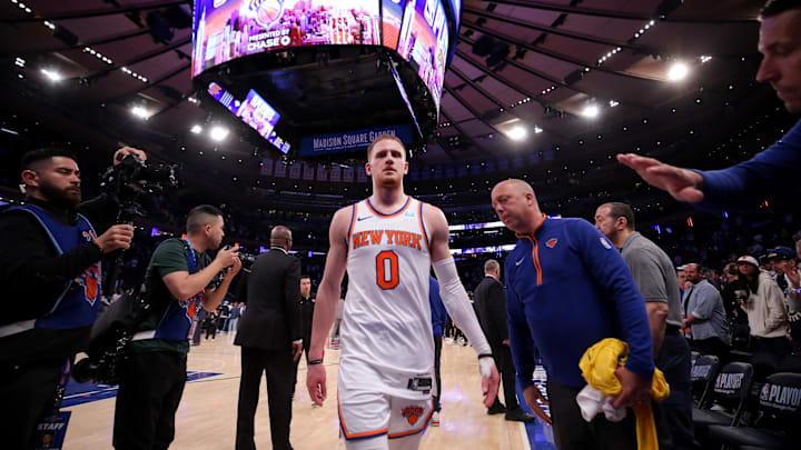 May 19, 2024; New York, New York, USA; New York Knicks guard Donte DiVincenzo (0) leaves the court after losing game seven of the second round of the 2024 NBA playoffs to the Indiana Pacers at Madison Square Garden. Mandatory Credit: Brad Penner-Imagn Images