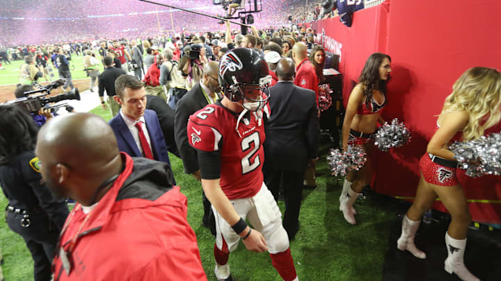 Atlanta Falcons quarterback Matt Ryan leaves the field after being defeated by the New England Patriots 34-28 in overtime in Super Bowl LI at NRG Stadium on Feb 5, 2017.