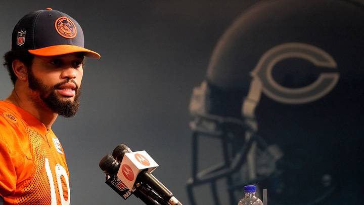 May 10, 2024; Lake Forest, IL, USA; Chicago Bears quarterback Caleb Williams during a press conference before Chicago Bears rookie minicamp at Halas Hall. Mandatory Credit: David Banks-USA TODAY Sports May 10, 2024; Lake Forest, IL, USA; Chicago Bears quarterback Caleb Williams during a press conference before Chicago Bears rookie minicamp at Halas Hall. Mandatory Credit: David Banks-USA TODAY Sports