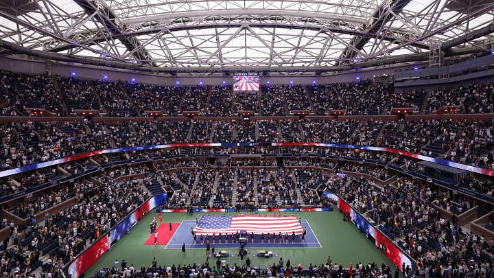 Sep 7, 2025; Flushing, NY, USA; General view of the American flag on the court for the national anthem prior to the final of mens singles at Billie Jean King National Tennis Center. 