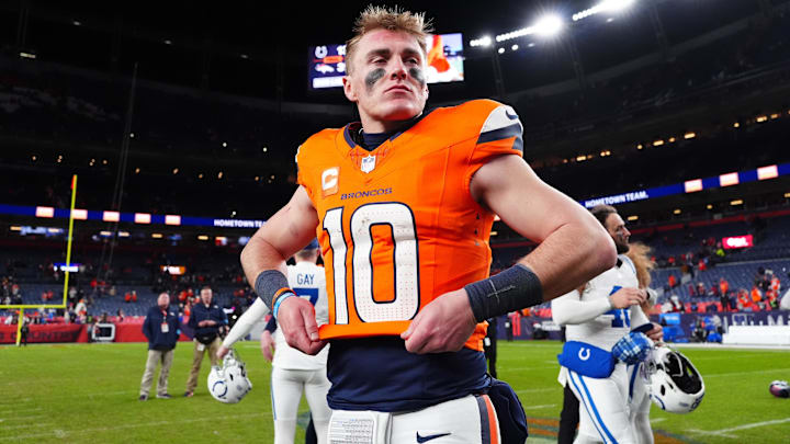 Dec 15, 2024; Denver, Colorado, USA; Denver Broncos quarterback Bo Nix (10) following the game against the Indianapolis Colts at Empower Field at Mile High. Dec 15, 2024; Denver, Colorado, USA; Denver Broncos quarterback Bo Nix (10) following the game against the Indianapolis Colts at Empower Field at Mile High.