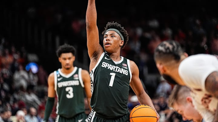 Michigan State guard Jeremy Fears Jr. (1) aims before attempts a free throw against Auburn during the second half of the Elite Eight round of NCAA tournament at State Farm Arena in Atlanta, Ga. on Sunday, March 30, 2025.