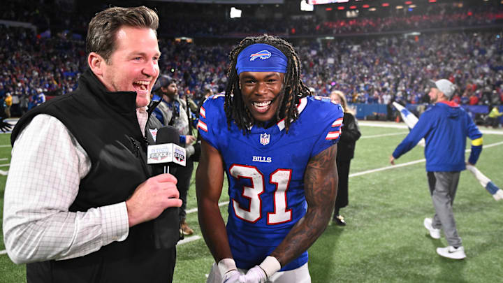 Nov 2, 2025; Orchard Park, New York, USA; Buffalo Bills cornerback Maxwell Hairston (31) is interviewed after the game against the Kansas City Chiefs at Highmark Stadium