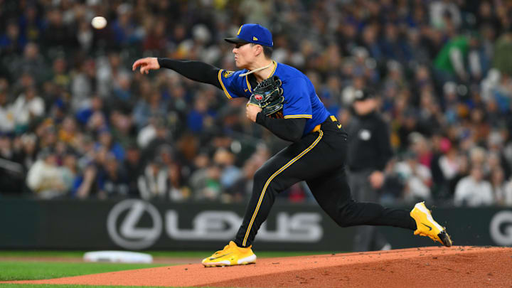 Seattle Mariners starting pitcher Bryan Woo throws during a game against the Oakland Athletics on Friday at T-Mobile Park. Seattle Mariners starting pitcher Bryan Woo throws during a game against the Oakland Athletics on Friday at T-Mobile Park.