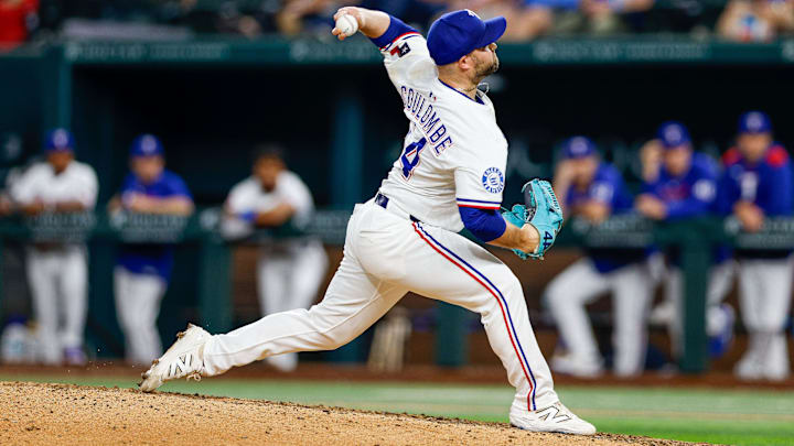 Aug 12, 2025; Arlington, Texas, USA; Texas Rangers relief pitcher Danny Coulombe (54) pitches during the ninth inning against the Arizona Diamonbacks at Globe Life Field. Mandatory Credit: Andrew Dieb-Imagn Images