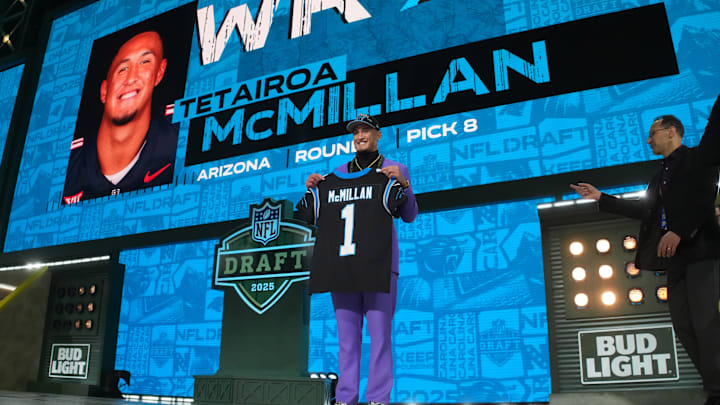 Apr 24, 2025; Green Bay, WI, USA; Arizona Wildcats wide receiver Tetairoa McMillan is selected by the Carolina Panthers as the number eight pick  in the first round of the 2025 NFL Draft at Lambeau Field. Mandatory Credit: Kirby Lee-Imagn Images