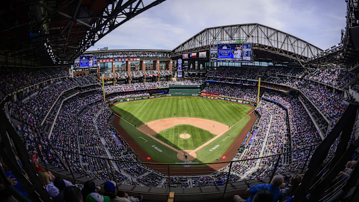 Apr 5, 2026; Arlington, Texas, USA; A view of the ballpark and field and fans during the game between the Texas Rangers and the Cincinnati Reds at Globe Life Field. Mandatory Credit: Jerome Miron-Imagn Images