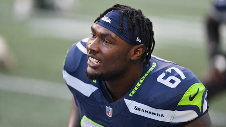 Aug 10, 2023; Seattle, Washington, USA; Seattle Seahawks offensive tackle Charles Cross (67) during warmups prior to the game at Lumen Field. Mandatory Credit: Steven Bisig-Imagn Images Aug 10, 2023; Seattle, Washington, USA; Seattle Seahawks offensive tackle Charles Cross (67) during warmups prior to the game at Lumen Field. Mandatory Credit: Steven Bisig-Imagn Images