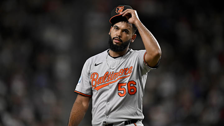 Arlington, Texas, USA; Baltimore Orioles relief pitcher Seranthony Dominguez (56) comes off the field after pitching against the Texas Rangers during the seventh inning at Globe Life Field.