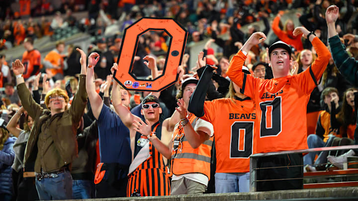 Nov 8, 2025; Corvallis, Oregon, USA; Oregon State Beavers student react to the video board during the third quarter against the Sam Houston Bearkats at Reser Stadium. Mandatory Credit: Craig Strobeck-Imagn Images