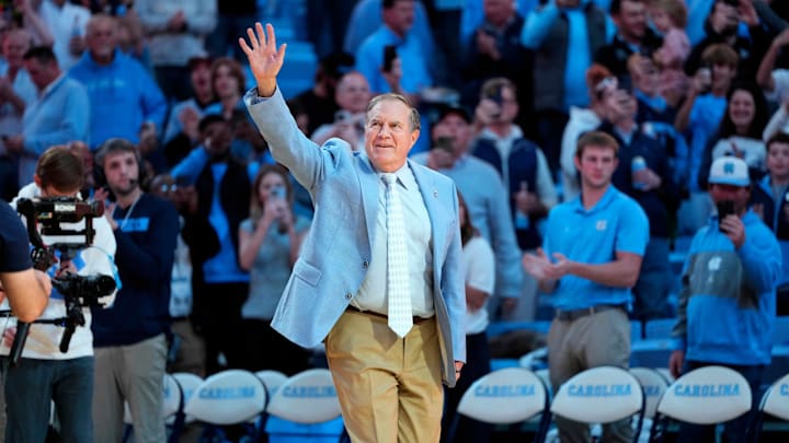 Dec 14, 2024; Chapel Hill, North Carolina, USA; North Carolina Tar Heels head football coach Bill Belichick is introduced during half time at Dean E. Smith Center. 