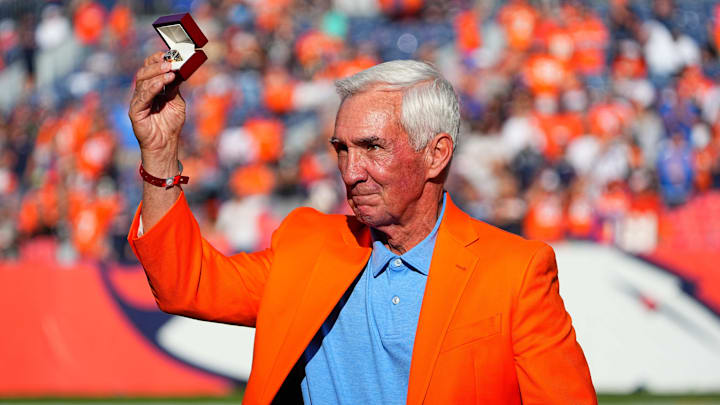 Oct 17, 2021; Denver, Colorado, USA; Former Denver Broncos head coach and Ring of Fame induction of Mike Shanahan during the game against the Las Vegas Raiders at Empower Field at Mile High. Mandatory Credit: Ron Chenoy-Imagn Images Oct 17, 2021; Denver, Colorado, USA; Former Denver Broncos head coach and Ring of Fame induction of Mike Shanahan during the game against the Las Vegas Raiders at Empower Field at Mile High. Mandatory Credit: Ron Chenoy-Imagn Images
