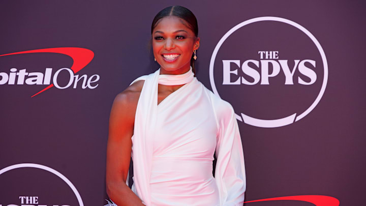 Gabby Thomas on the red carpet before the ESPYS at The Dolby Theatre.