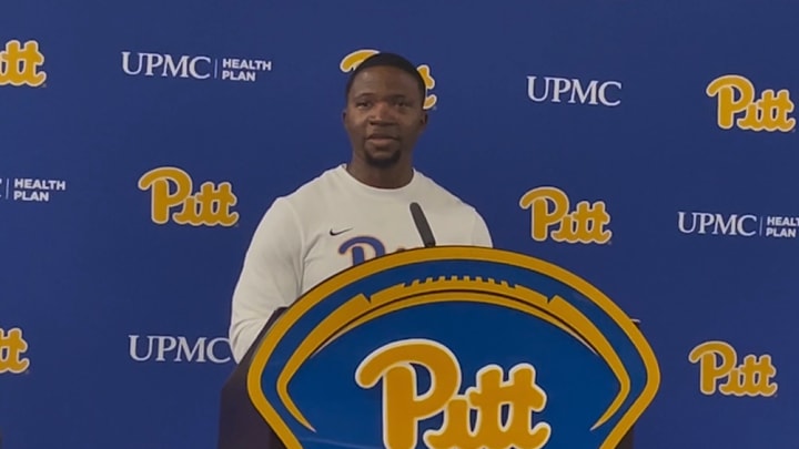 Pitt running backs coach Lindsey Lamar speaks to the media following a practice. 