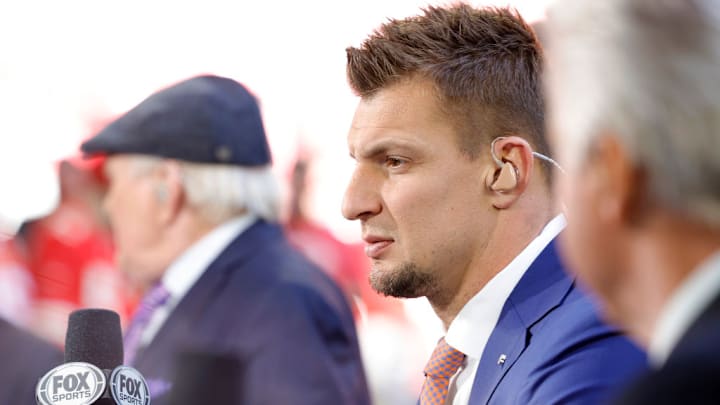 GLENDALE, ARIZONA - FEBRUARY 12: Fox Sports announcer Rob Gronkowski looks on before Super Bowl LVII between the Kansas City Chiefs and the Philadelphia Eagles at State Farm Stadium on February 12, 2023 in Glendale, Arizona.