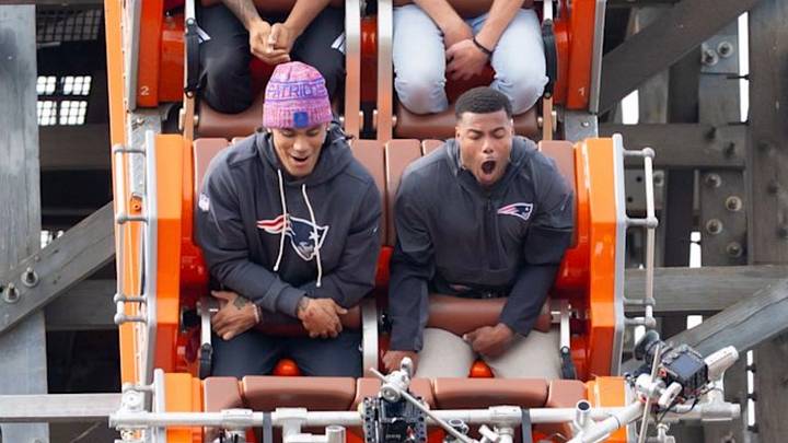 New England Patriots cornerbacks Christian Gonzalez and Marcus Jones ride a roller coaster at Six Flags for the team's schedule release video. New England Patriots cornerbacks Christian Gonzalez and Marcus Jones ride a roller coaster at Six Flags for the team's schedule release video.