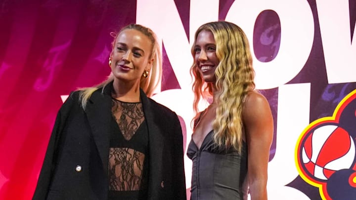 May 17, 2025; Indianapolis, IN, USA; Indiana Fever guard Sophie Cunningham (8) and Indiana Fever guard Lexie Hull (10) pose for a photo Saturday, May 17, 2025, before a game between the Indiana Fever and the Chicago Sky at Gainbridge Fieldhouse in Indianapolis. Mandatory Credit: Grace Smith- Imagn Images via IndyStar