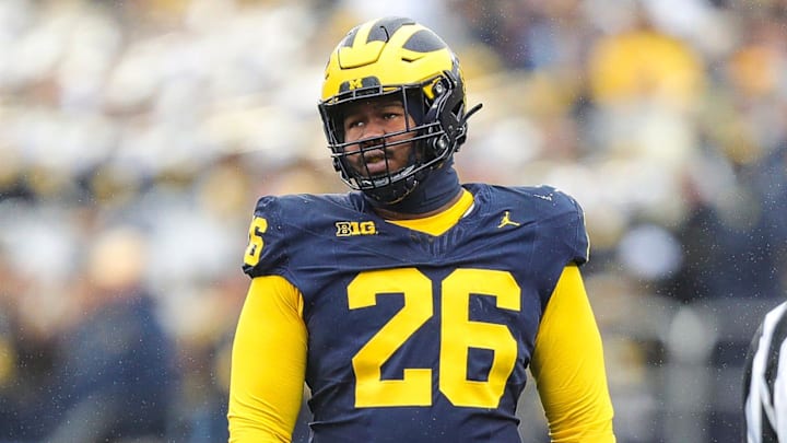 Michigan defensive lineman Rayshaun Benny gets in position before a play against Indiana during the second half of U-M's 52-7 win over Indiana on Saturday, Oct. 14, 2023, in Ann Arbor.