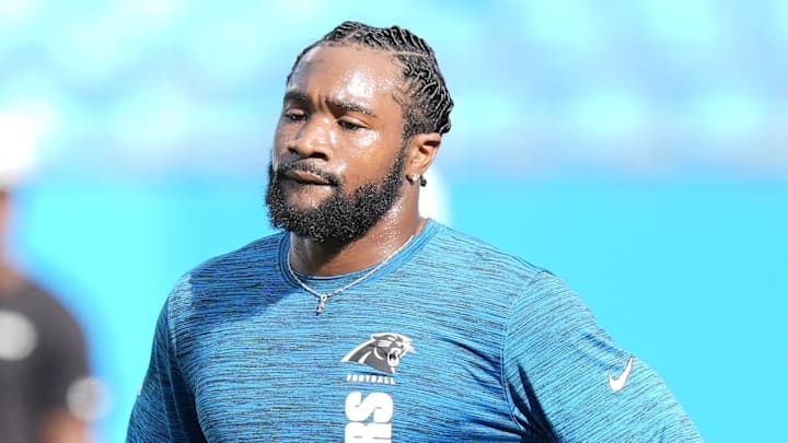 Aug 17, 2024; Charlotte, North Carolina, USA;  Carolina Panthers cornerback Dane Jackson (23) during pregame warm ups against the New York Jets at Bank of America Stadium. Mandatory Credit: Jim Dedmon-Imagn Images