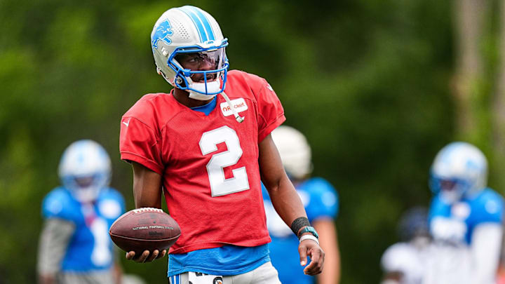 Detroit Lions quarterback Hendon Hooker (2) practices during training camp at Meijer Performance Center in Allen Park on Thursday, August 21, 2025.