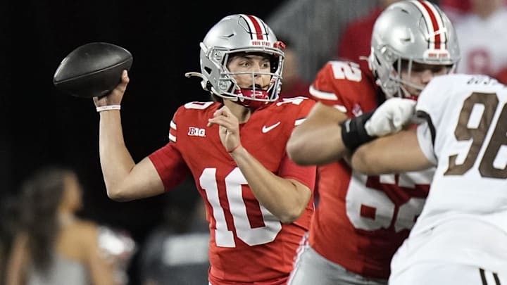 Sep 7, 2024; Columbus, Ohio, USA; Ohio State Buckeyes quarterback Julian Sayin (10) throws a pass during the second half of the NCAA football game against the Western Michigan Broncos at Ohio Stadium. Sep 7, 2024; Columbus, Ohio, USA; Ohio State Buckeyes quarterback Julian Sayin (10) throws a pass during the second half of the NCAA football game against the Western Michigan Broncos at Ohio Stadium.