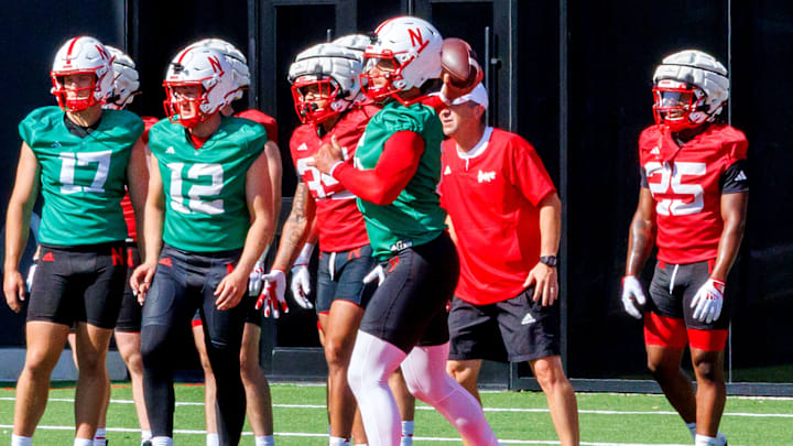 Nebraska quarterback Dylan Raiola fires a pass during a drill Monday morning.