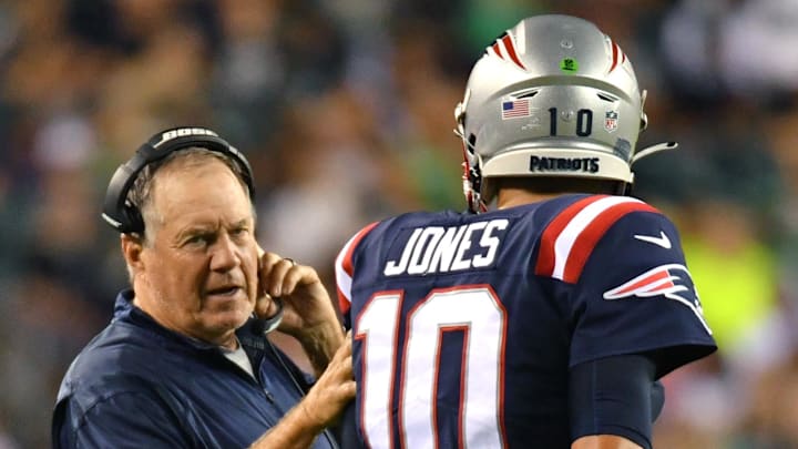 Aug 19, 2021; Philadelphia, Pennsylvania, USA;  New England Patriots head coach Bill Belichick with quarterback Mac Jones (10) against the Philadelphia Eagles at Lincoln Financial Field. Mandatory Credit: Eric Hartline-USA TODAY Sports