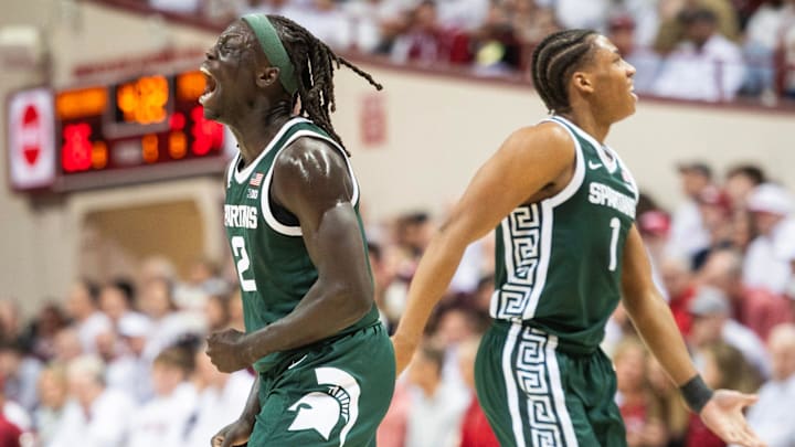 Michigan State's Kur Teng (2) and Jeremy Fears Jr. (1) celebrate during the Indiana versus Michigan State men's basketball game at Simon Skjodt Assembly Hall on Sunday, March 1, 2026. Michigan State's Kur Teng (2) and Jeremy Fears Jr. (1) celebrate during the Indiana versus Michigan State men's basketball game at Simon Skjodt Assembly Hall on Sunday, March 1, 2026.