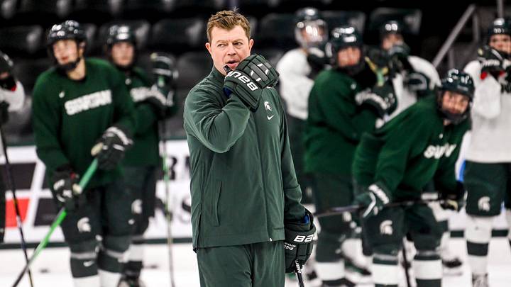 Michigan State's head coach Adam Nightingale looks on in practice during hockey media day on Wednesday, Sept. 27, 2023, at Munn Arena in East Lansing.