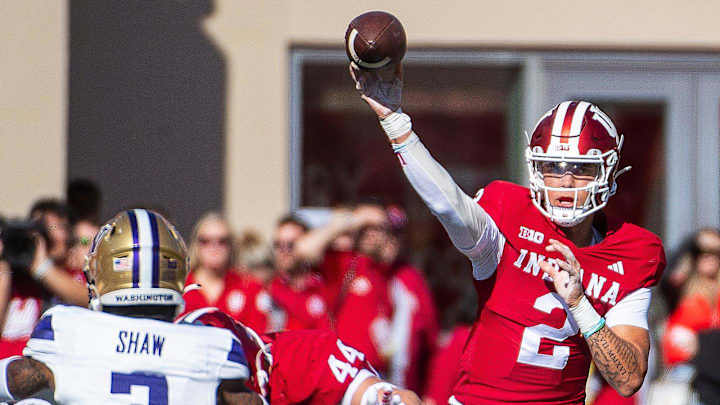 Indiana's Tayven Jackson (2) passes during the Indiana versus Washington football game at Memorial Stadium on Oct. 26, 2024.
