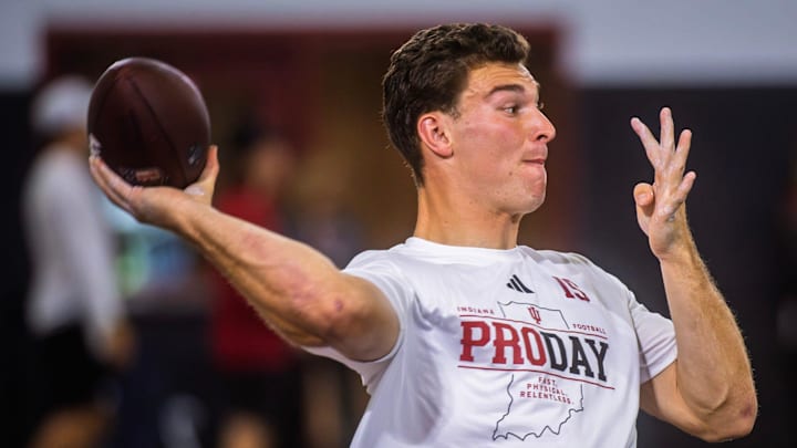 Fernando Mendoza participates in Indiana University's Pro Day at Mellencamp Pavilion on Wednesday, April 1, 2026.