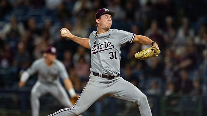 Mississippi State's Karson Ligon (31) throws against Southern Miss during the game at Trustmark Park in Pearl, Miss., on Tuesday, Mar. 5, 2024.